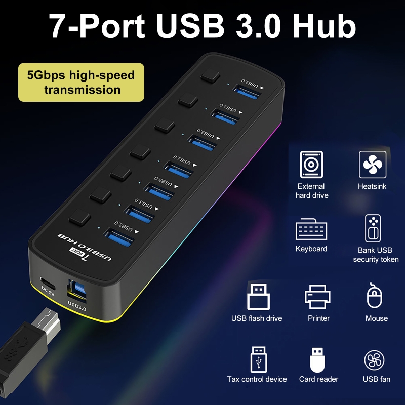 RGB 7-Port USB 3.0 Hub 5Gbps S - Usb Hub 7 Port ulasan dan harga